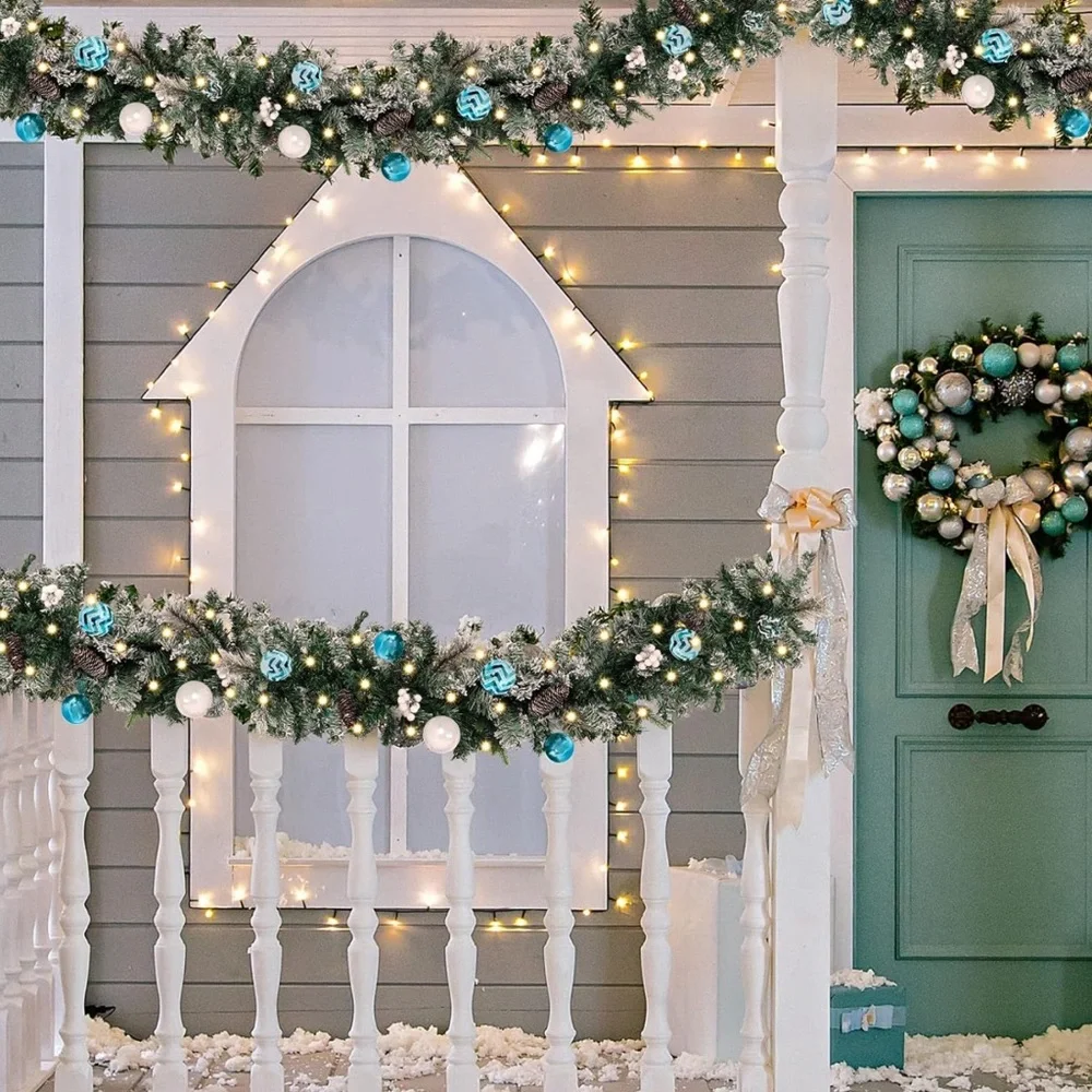 Beautiful 9’ pre-lit Christmas garland with blue and white balls
